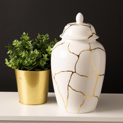 Gold & White Patterned Jar